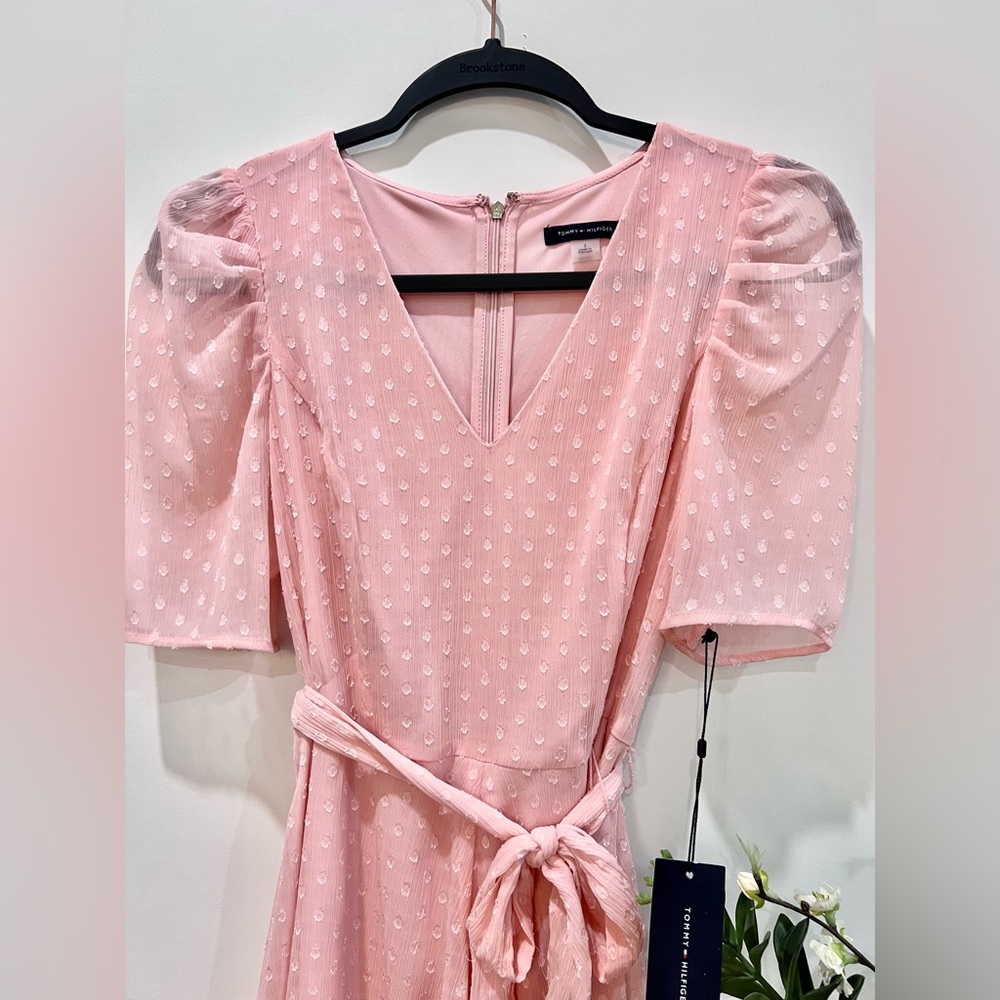 Tommy Hilfiger Women's Puff Sleeve V-Neck Tie Waist Chiffon Mini Dress - Picture 4 of 12